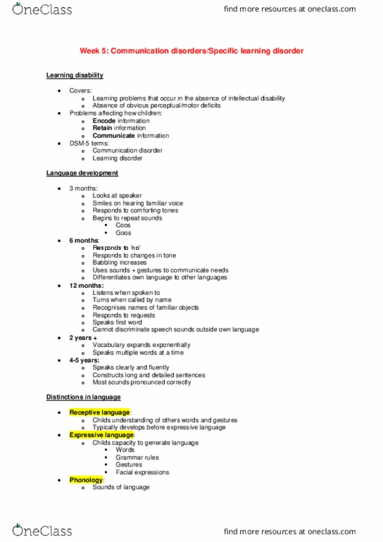 PSYC2208 Lecture Notes - Lecture 5: Learning Disability, Language Processing In The Brain, Intellectual Disability thumbnail