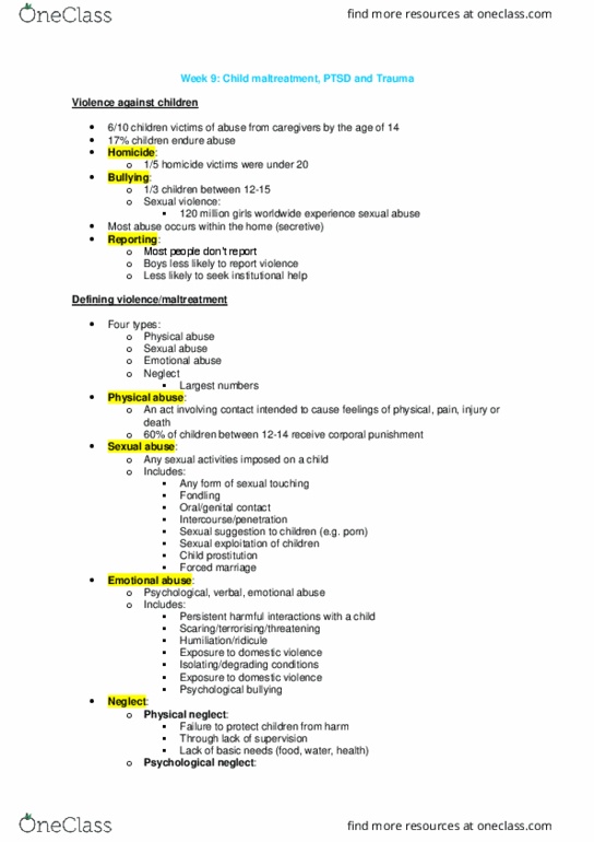 PSYC2208 Lecture Notes - Lecture 9: Psychological Abuse, Child Prostitution, Forced Marriage thumbnail