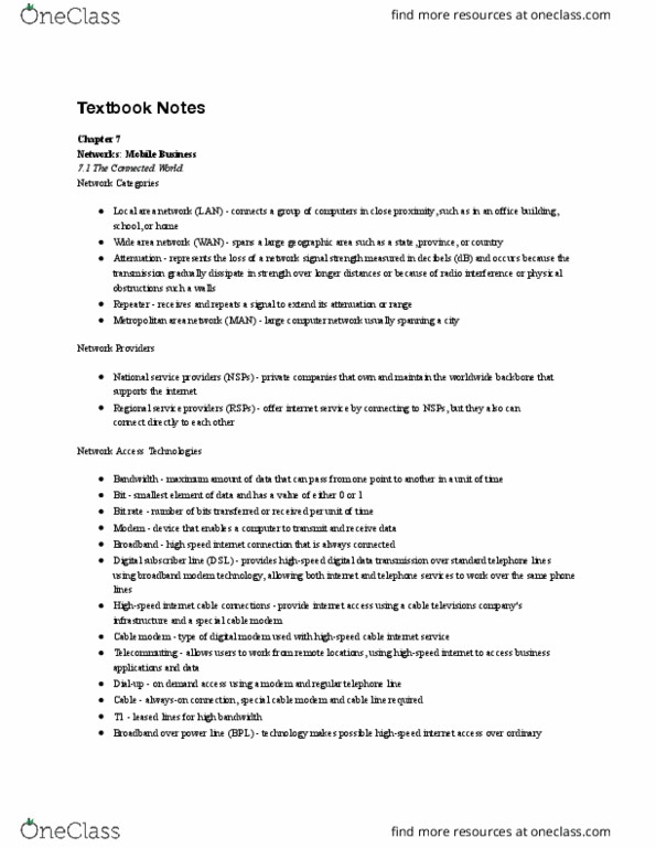 MIS 180 Chapter Notes - Chapter 7: Wide Area Network, Metropolitan Area Network, Local Area Network thumbnail