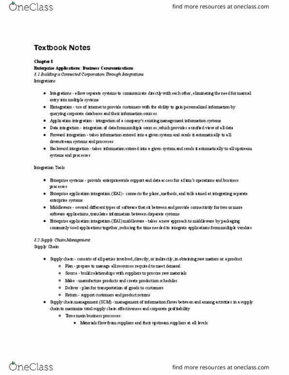 MIS 180 Chapter Notes - Chapter 8: Enterprise Application Integration, Enterprise Resource Planning, Supplier Relationship Management thumbnail