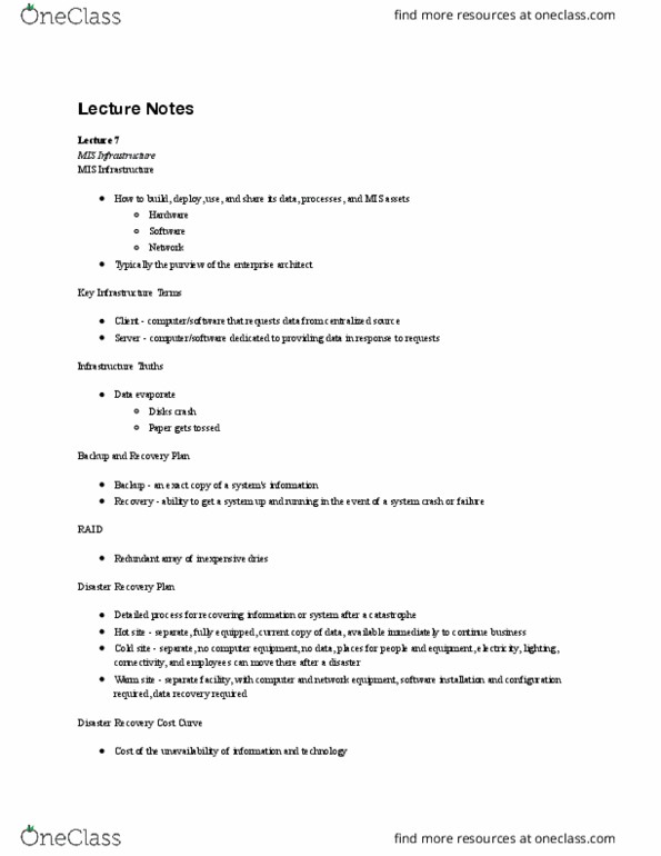 MIS 180 Lecture Notes - Lecture 7: Disaster Recovery Plan, Data Recovery, Enterprise Architect thumbnail