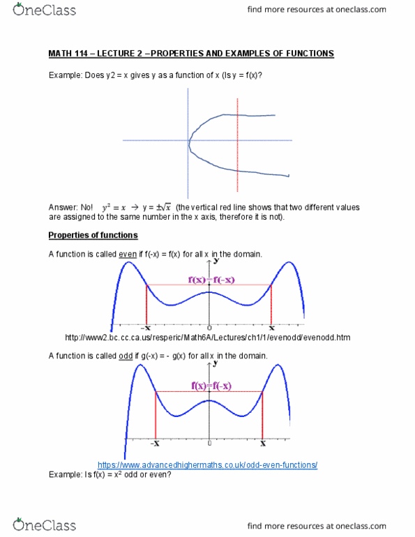 MATH114 Lecture Notes - Lecture 2: Even And Odd Functions, Trigonometric Functions, Quadratic Function cover image