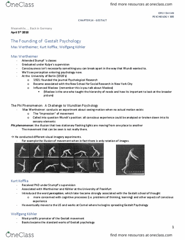 PSYC 305 Chapter Notes - Chapter 14: Kurt Koffka, Max Wertheimer, Gestalt Psychology thumbnail