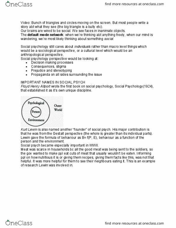 PSY220H1 Lecture Notes - Lecture 1: Floyd Henry Allport, Default Mode Network, Kurt Lewin thumbnail