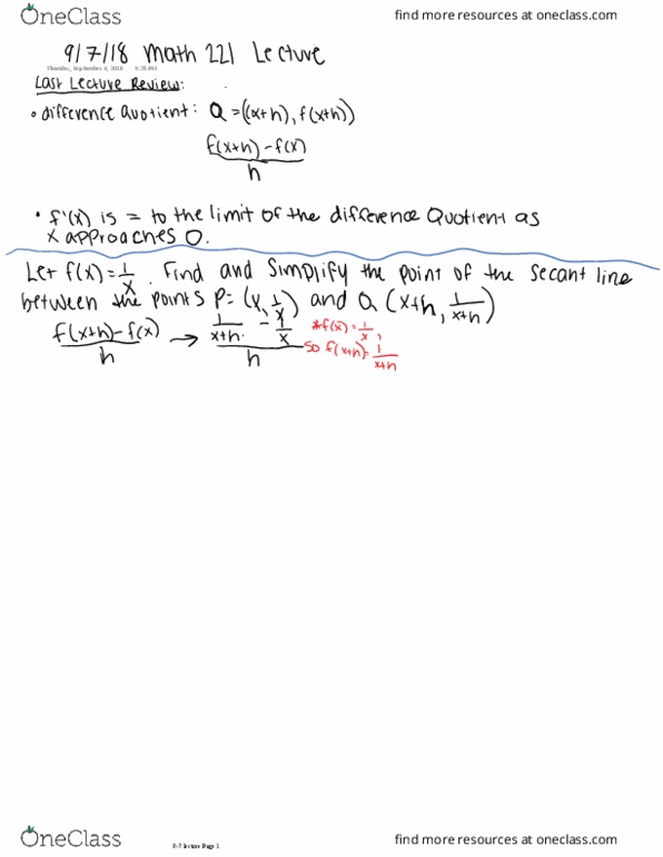 MATH221 Lecture 5: MATH 221 Lecture 5: MATH221 Calculus 1: Lecture 5, 9-7; Difference Quotient, limits, derviatives cover image