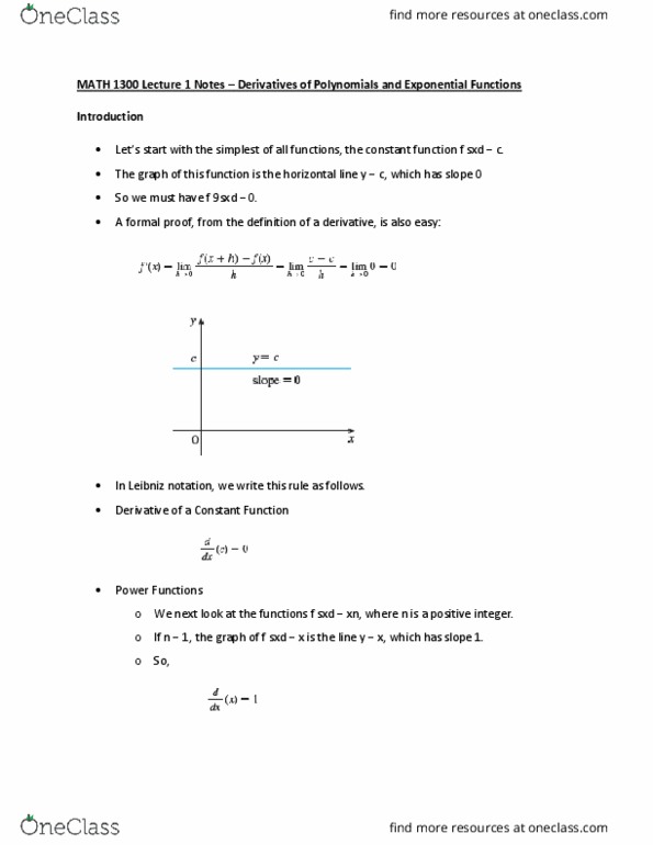 MATH 1300 Lecture Notes - Lecture 1: Constant Function, Power Rule thumbnail