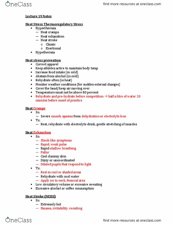 KIN 361 Lecture Notes - Lecture 19: Heat Cramps, Mydriasis, Heat Stroke thumbnail