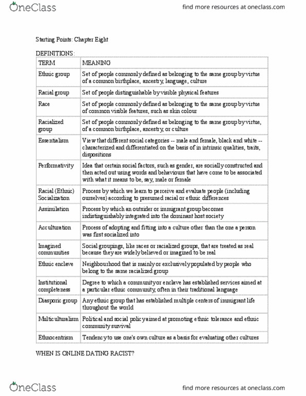 SOC100H1 Chapter Notes - Chapter 8: Ethnic Enclave, Visible Minority, Ethnic Group thumbnail