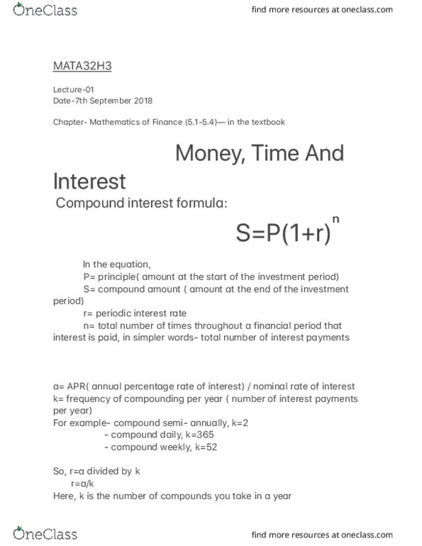 MATA32H3 Lecture Notes - Lecture 1: Compound Interest cover image
