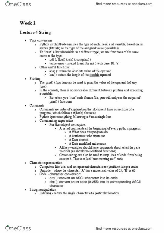 COMP10001 Lecture Notes - Lecture 4: Substring, Operand, Type Conversion thumbnail