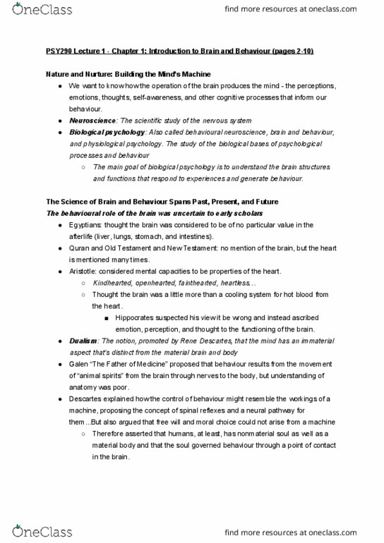 PSY290H5 Chapter Notes - Chapter 1: Behavioral Neuroscience, Neural Pathway, Neuron thumbnail