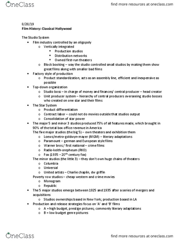 FTV 252 Lecture Notes - Lecture 2: B Movie, Block Booking, Vertical Integration thumbnail