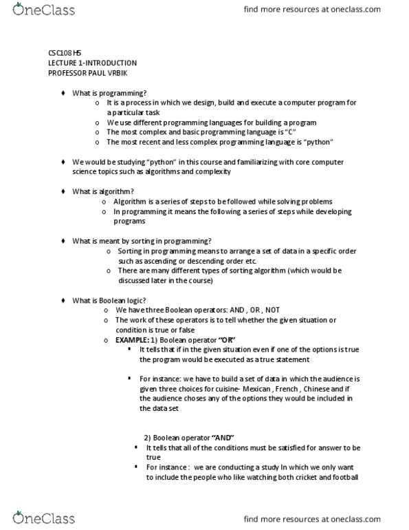 CSC108H5 Lecture Notes - Lecture 1: Sorting Algorithm, Watching Movies thumbnail