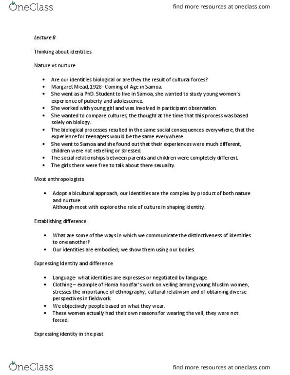 ANTHROP 1AB3 Lecture Notes - Lecture 8: Margaret Mead, Cultural Relativism, Participant Observation thumbnail