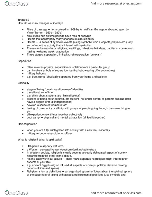 ANTHROP 1AB3 Lecture Notes - Lecture 9: Arnold Van Gennep, Liminality, Institute For Operations Research And The Management Sciences thumbnail