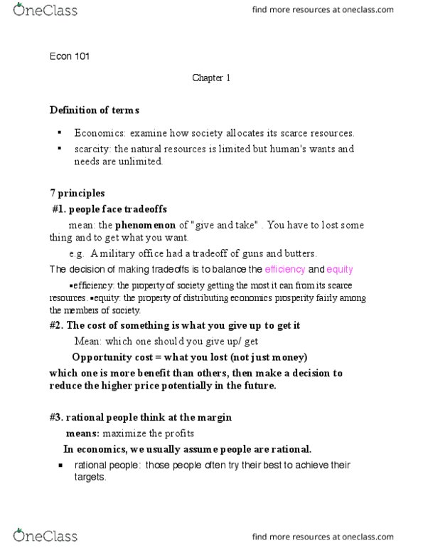ECON101 Lecture Notes - Lecture 1: Butters Stotch, Opportunity Cost, Invisible Hand cover image