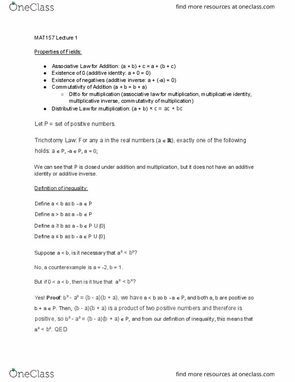 MAT157Y1 Lecture Notes - Lecture 1: Additive Inverse, Associative Property, Commutative Property thumbnail