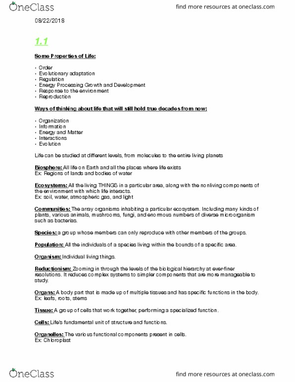 BIO 1305 Lecture Notes - Lecture 1: Reductionism, Chloroplast, Microorganism thumbnail