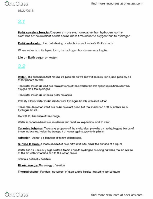 BIO 1305 Lecture Notes - Lecture 3: Hydrogen Bond, Chemical Polarity, Surface Tension thumbnail