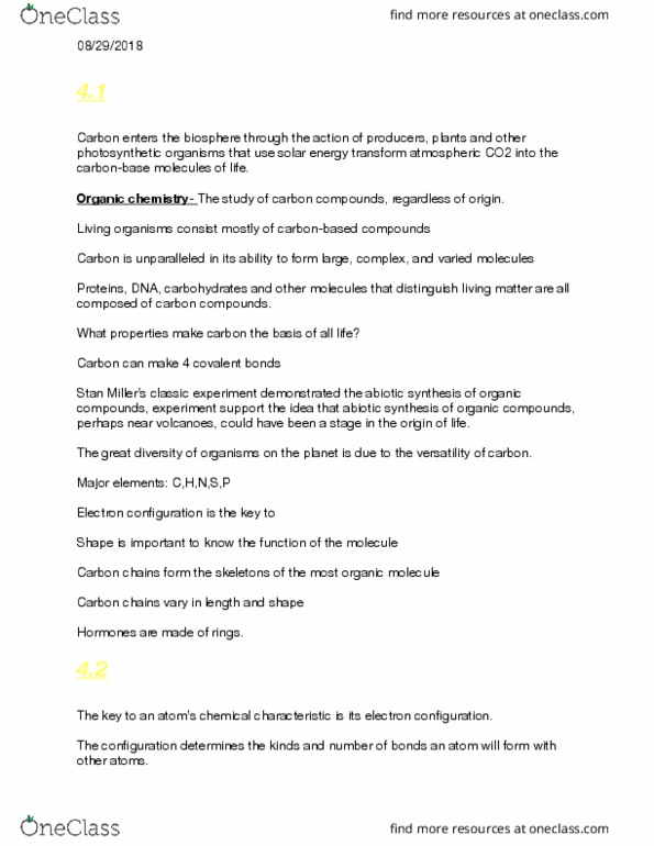 BIO 1305 Lecture Notes - Lecture 4: Organic Compound, Covalent Bond, Enantiomer thumbnail