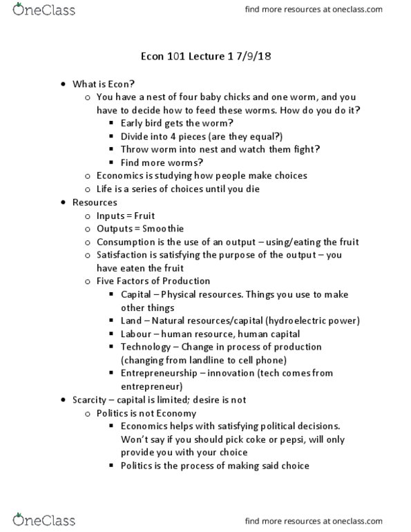 ECON 101 Lecture Notes - Lecture 1: Human Capital, Opportunity Cost cover image