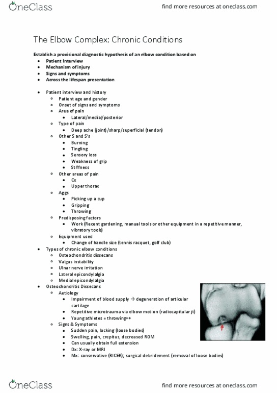 PHTY207 Lecture Notes - Lecture 14: Osteochondritis Dissecans, Valgus Stress Test, Olecranon Fossa thumbnail