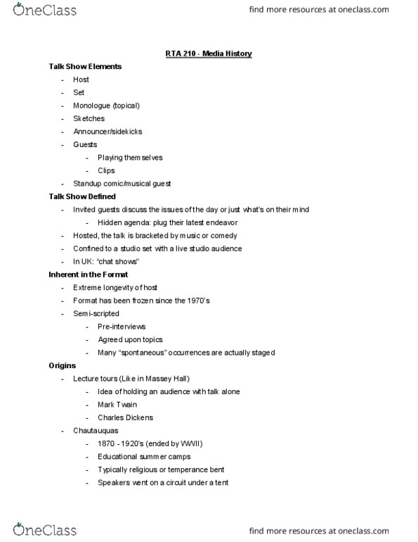 RTA 210 Lecture Notes - Lecture 11: Massey Hall, Jack Paar, Pat Sajak thumbnail