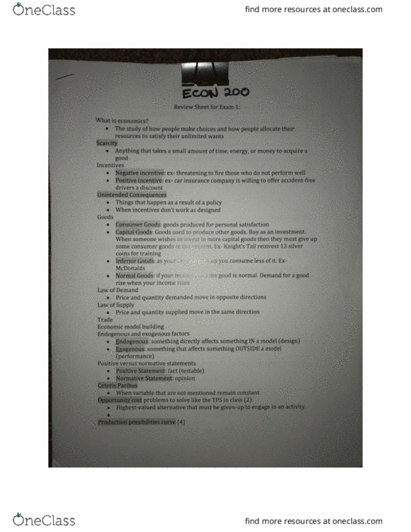 ECON 200 Quiz: econ 200 exam 1 study guide - OneClass