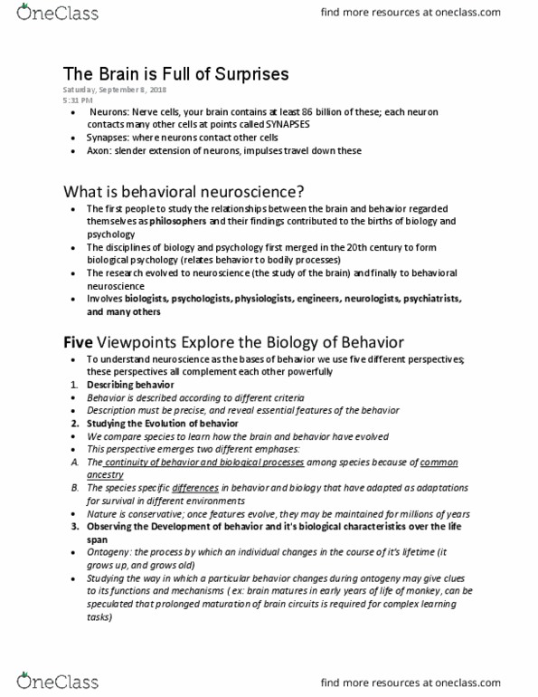 PSYCH 360 Chapter Notes - Chapter 1: Behavioral Neuroscience, Ontogeny thumbnail