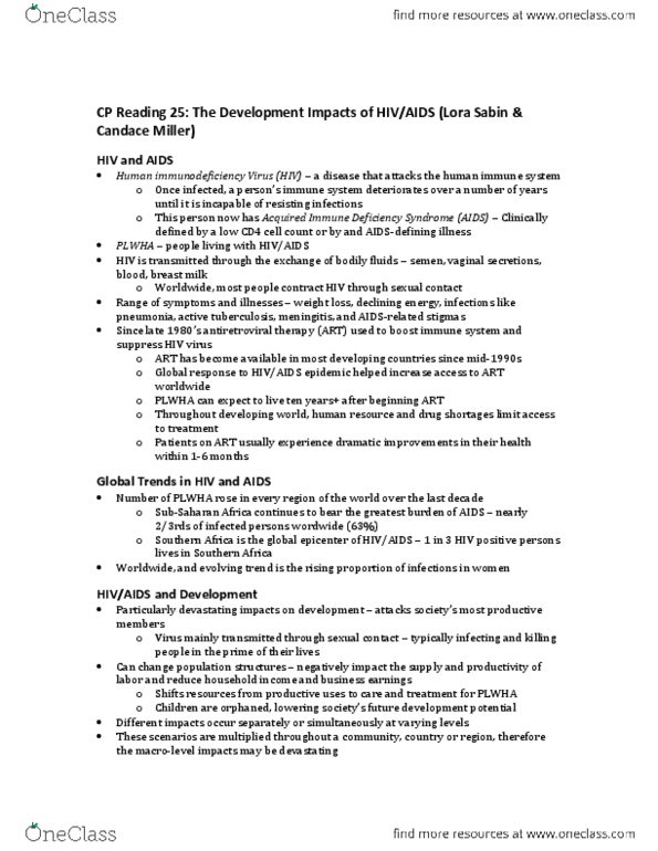 INTD 200 Chapter Notes -Hiv-Positive People, T Cell, Sub-Saharan Africa thumbnail