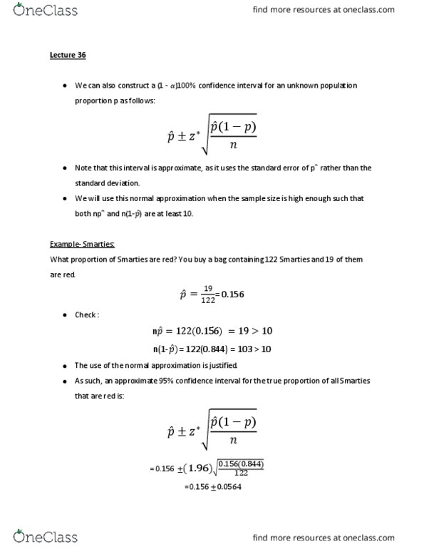 STAT 1000 Lecture Notes - Lecture 36: Confidence Interval, Standard Deviation, Sample Size Determination thumbnail