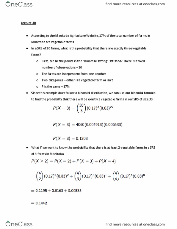 STAT 1000 Lecture Notes - Lecture 30: Binomial Distribution, Statistical Parameter, Central Limit Theorem thumbnail