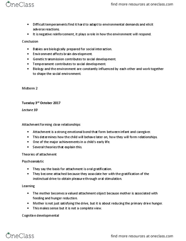 PSYCH 3JJ3 Lecture Notes - Lecture 10: Reinforcement, Cognitive Development, John Bowlby thumbnail