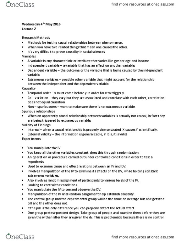 SOCPSY 1Z03 Lecture Notes - Lecture 2: Dependent And Independent Variables, The Control Group, Random Assignment thumbnail