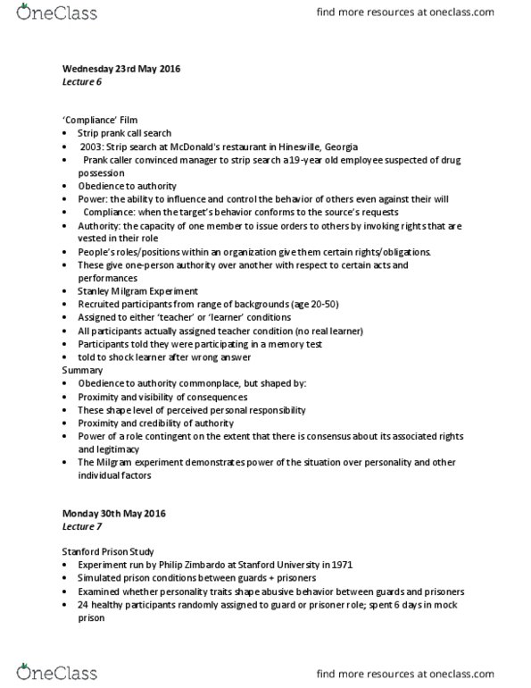 SOCPSY 1Z03 Lecture Notes - Lecture 6: Milgram Experiment, Hinesville, Georgia, Stanford Prison Experiment thumbnail