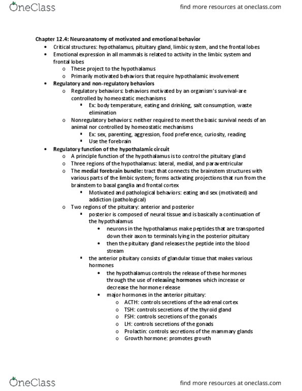 NROSCI 0080 Chapter Notes - Chapter 12: Medial Forebrain Bundle, Posterior Pituitary, Anterior Pituitary thumbnail