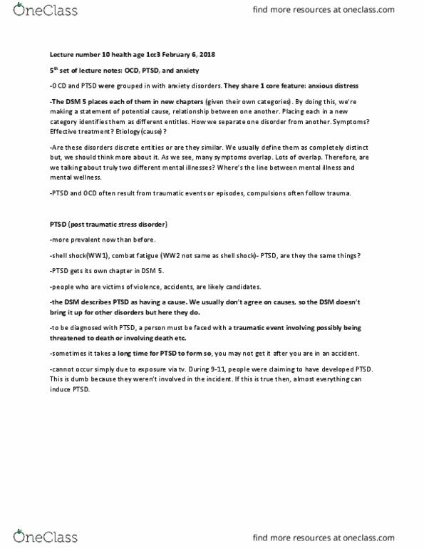 HLTHAGE 1CC3 Lecture Notes - Lecture 10: Posttraumatic Stress Disorder, Combat Stress Reaction, Etiology thumbnail