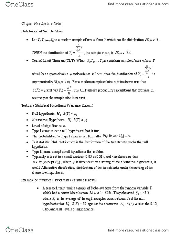 AMS 315 Lecture Notes - Lecture 1: Central Limit Theorem, Type I And Type Ii Errors, Null Hypothesis thumbnail