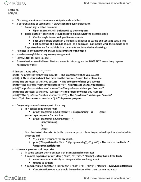 CS 1110 Lecture Notes - Lecture 6: Docstring, Pound Sign, Decimal Mark thumbnail