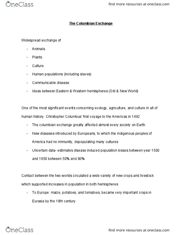 NFS 073 Lecture Notes - Lecture 4: The Columbian Exchange, Columbian Exchange, Infection thumbnail