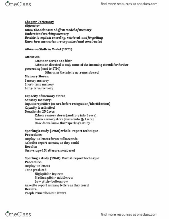 PSYC 1200 Lecture Notes - Lecture 7: Short-Term Memory, Sensory Memory, Baddeley'S Model Of Working Memory thumbnail