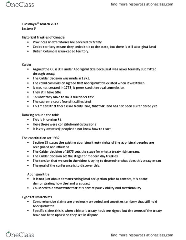 INDIGST 1AA3 Lecture Notes - Lecture 6: The Dilemma, Fiduciary, First Nations thumbnail