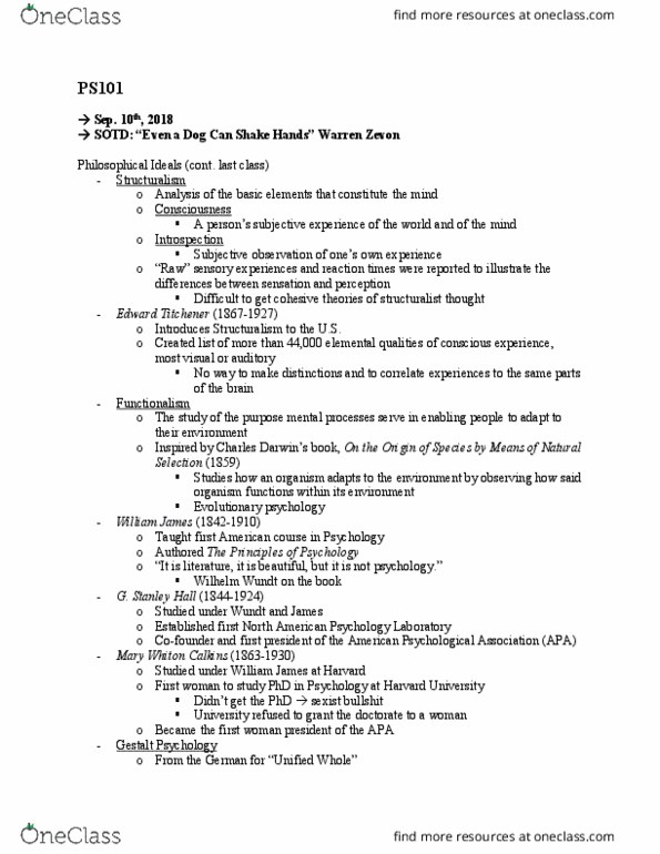 CAS PS 101 Lecture Notes - Lecture 2: American Psychological Association, Mary Whiton Calkins, Edward B. Titchener thumbnail