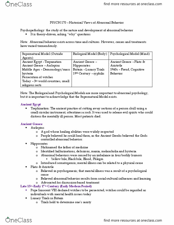 PSYS 170 Lecture Notes - Lecture 2: Pope Innocent Viii, Abnormal Psychology, Psychology thumbnail