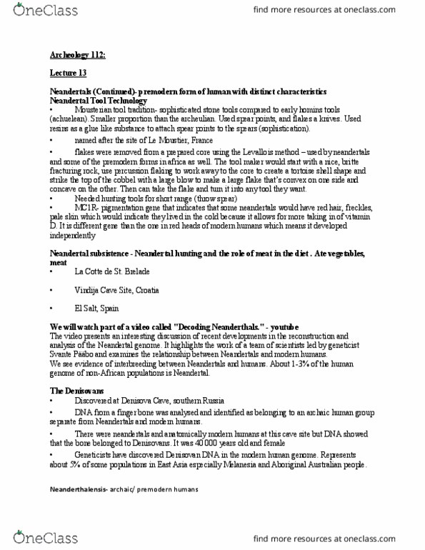 ARCH 112 Lecture Notes - Lecture 13: Vindija Cave, Denisova Cave, Le Moustier thumbnail