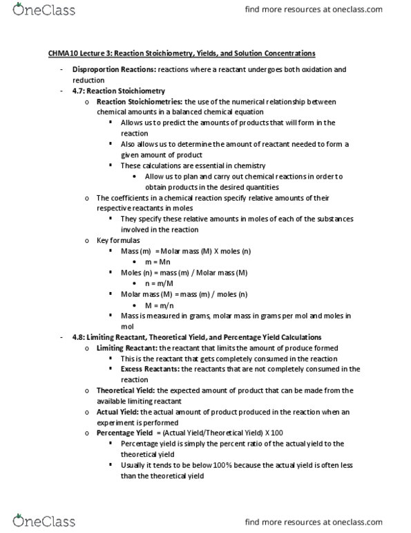 CHMA10H3 Lecture Notes - Lecture 3: Molar Mass, Limiting Reagent, Reagent cover image