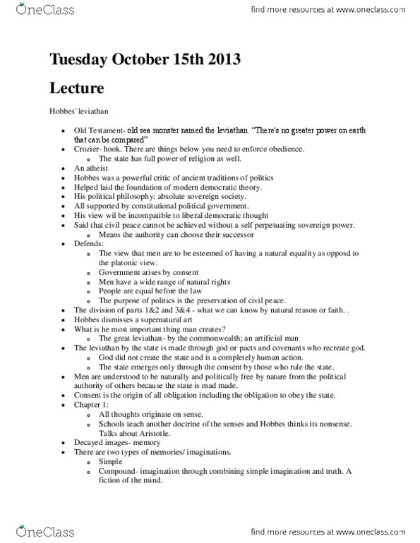 POLSCI 2O06 Lecture Notes - Leviathan, Sea Monster, Political Philosophy thumbnail