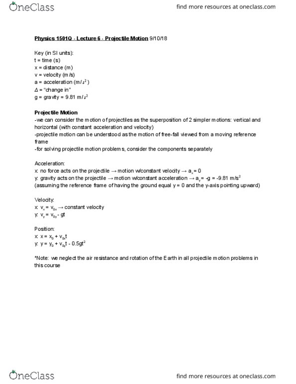PHYS 1501Q Lecture Notes - Lecture 7: Projectile Motion, International System Of Units cover image