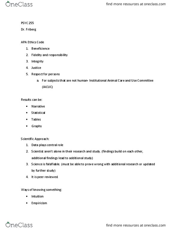 PSYC 255 Lecture Notes - Lecture 6: Institutional Animal Care And Use Committee, Falsifiability, Empiricism thumbnail