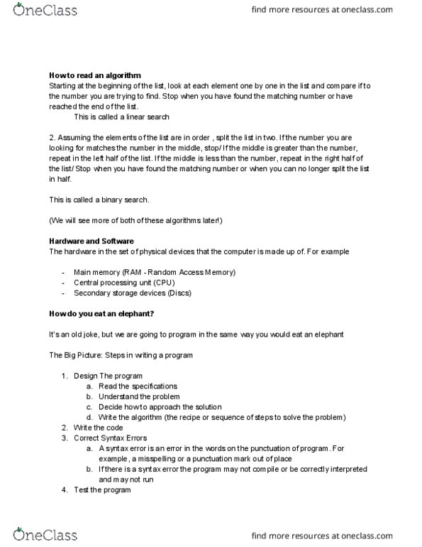 CP104 Lecture Notes - Lecture 2: Linear Search, Binary Search Algorithm, Auxiliary Memory cover image